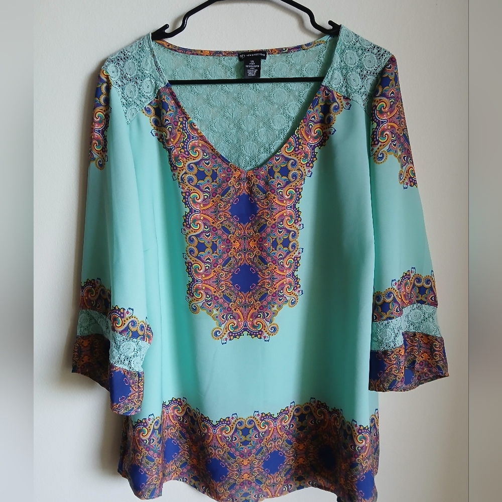 New directions Blouse Size 1X  Boho Turquoise Flowy Top